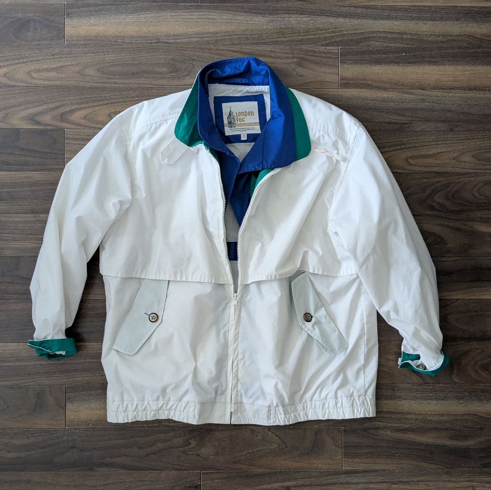 Vintage London Fog Men's White and Blue Windbreaker